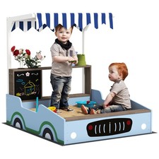 Kids Wooden Sandbox, Grocery Store Outdoor Sand Box with Canopy, Blue