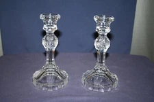 2 Clear Glass 7-1/2" Candlesticks with Stars & Crisscross Pattern 