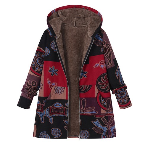Women Winter Vintage Jacket Flowers Leaves Print Warm Fleece Lined Hooded Coat - Picture 10 of 18