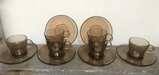 Vintage Set Of 6 Duralex Smokey Brown 4 Oz. Coffee Or Teacups And Saucers