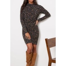 Evereve Lorelei Ruched Knit Black Floral Dress Keyhole Back Stretch Size Large