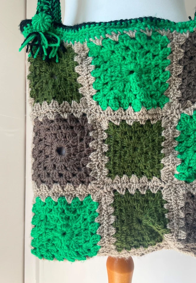 Hand Crocheted Tote Boho Shoulder Granny Square Bag - Green Shades - Image 3 of 4
