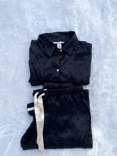 Pigiama Victoria’s Secret raso nero/crema a pois set 2 pezzi manica lunga med
