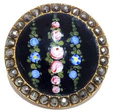 Enamel Antique Button Black w Rows of Flowers and Cut Steel Border 1&5/16" Large