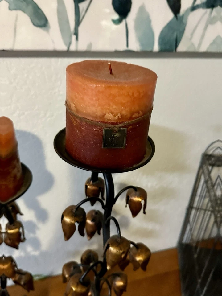 Vintage Florentine Gilt Tole Lily of the Valley Set Pillar Candle Holder 21”-26” - Image 2 of 2