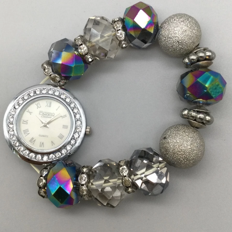 Reloj Figaro Couture Mujer 32mm Tono Plata Cuentas Grandes Banda Elástica Batería Nueva Foto 2 de 4