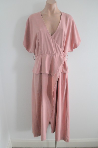 Shakuhachi Midi Dress Womens 10 Pink Wrap Short Sleeve Peplum Waist