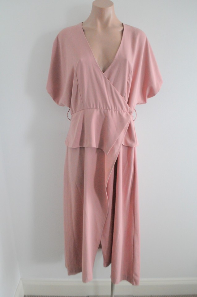 Shakuhachi Midi Dress Womens 10 Pink Wrap Short Sleeve Peplum Waist