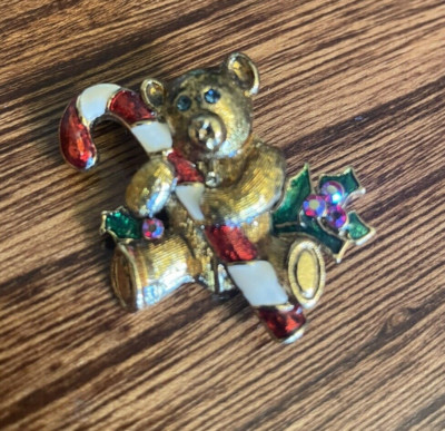 Vintage Goldtone  Enamel & Rhinestones Candy Cane Teddy Bear Brooch