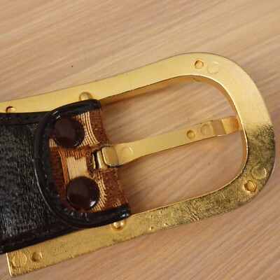 DIOR Belt XS 26 Leather Logo Canvas Brown Gold Buckle Chunky  display picture 2