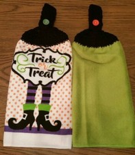 2 Double Sided Hand Crocheted Halloween Trick Or Treat Dish Hanging Towels