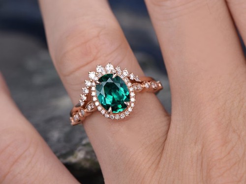 2,5 ct Lab Created Oval Grün Smaragd Hochzeit Heiligenschein Braut Ring Set in 925 Silber - Bild 2 von 7