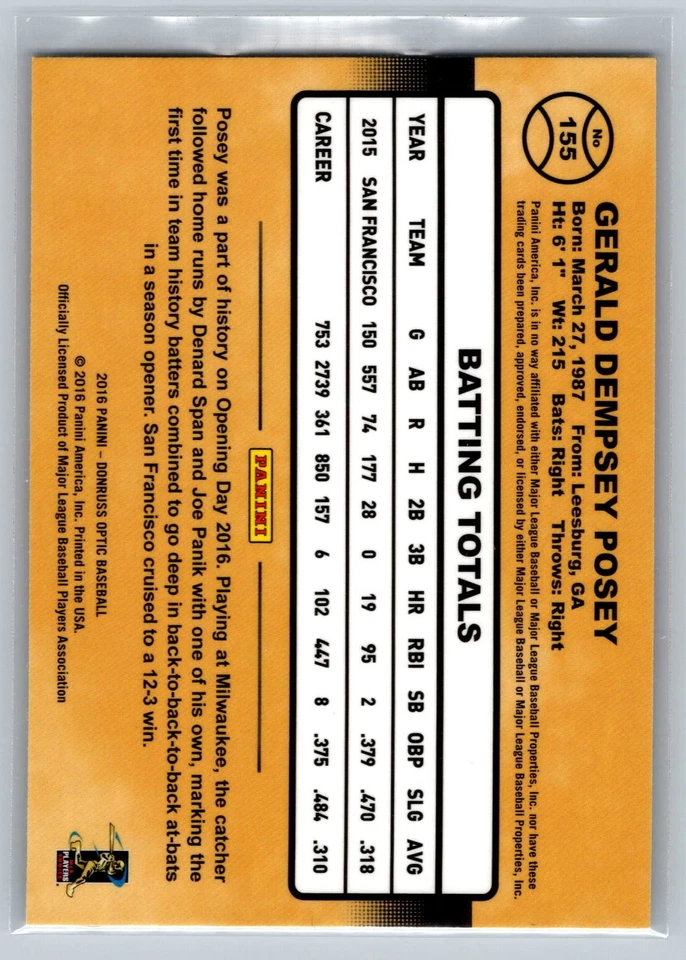 2016 Donruss Optic #155 Buster Posey San Francisco Giants - Image 2 of 2