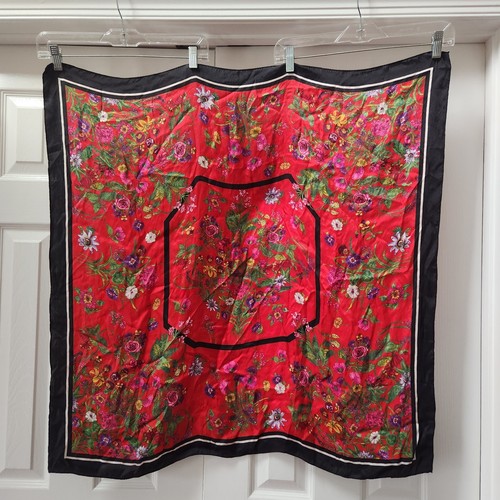 Black Border Red Floral SILK Scarf Square Flowers Asian Roses Poppies AS IS - Picture 1 of 9