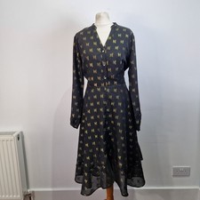 Joe Browns Long Sleeve Fit Flare Gold Butterfly Chiffon Dress V Neck UK 14 Party