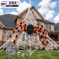 Giant Halloween Spider Web 200 Inch Triangular Net, Large Spider, Stakes  Hook