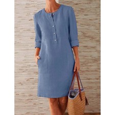 UK Summer Womens long Sleeve Cotton Linen Baggy Shirt Dress Midi dress Plus Size