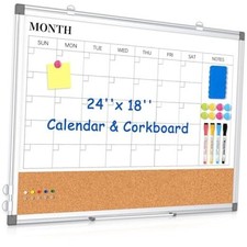 Monthly Calendar Whiteboard Dry Erase Cork Board Combo 24" x 18" White Calendar
