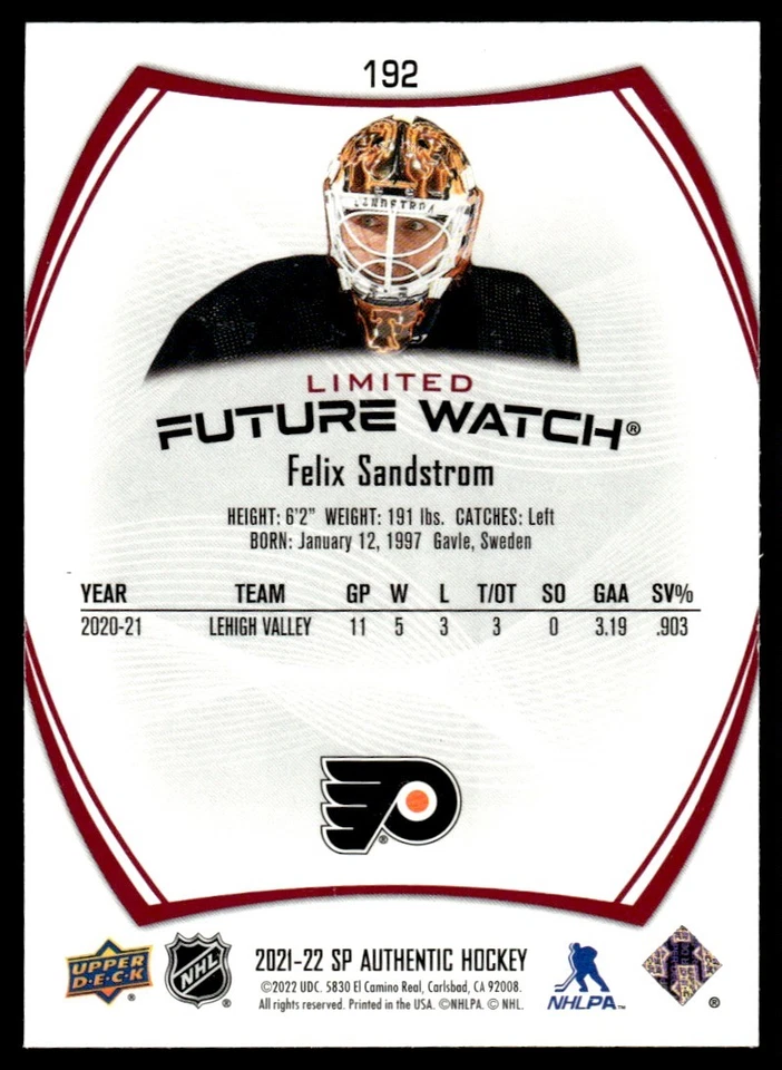 2021-22 SP Authentic Future Watch RED Felix Sandstrom Philadelphia Flyers #192 - Image 2 of 2