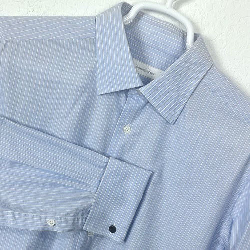Ermenegildo Zegna French Cuff Blue Pinstripe Long Sleeve Dress Shirt 17 x 36