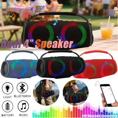 Dual 4inch Portable Bluetooth Boombox Speaker Stereo Bass TWS FM Radio LED Light
