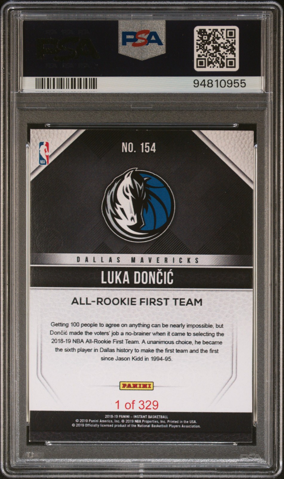 2018 PANINI INSTANT #154 LUKA DONCIC ROOKIE RC /329 PSA 9 view 2
