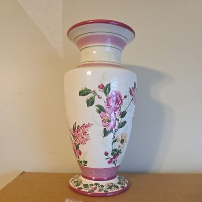 Laura Ashley FTD 9.5'' Tall Ceramic Vase White Pink  Flowers Gift Home Decor