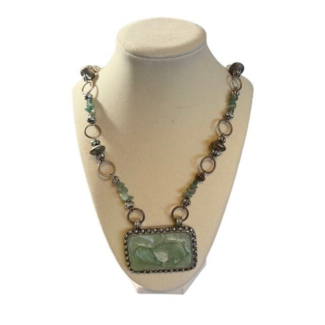 Rectangular Stone Pendant Necklace Silver Tone Ch… - image 1