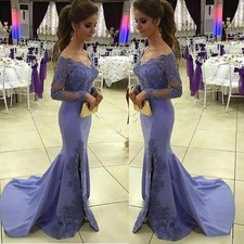 Lilac Long Sleeve Evening Dresses Sexy Mermaid Side Split Lace Party Gowns