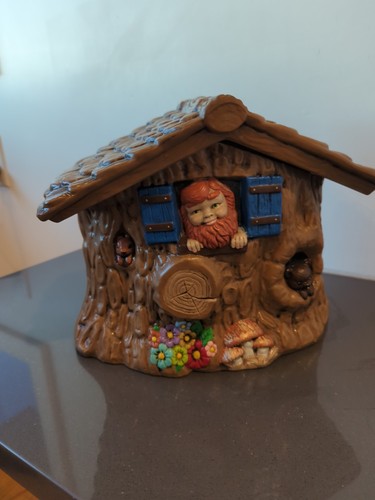 Vintage Gnome Hollow Cookie Jar Cottage Core Tree Trunk 1980 Grannycore Retro - Picture 5 of 14