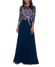 Betsy & Adam Navy Blue Rose Gold Embellished Bodice Chiffon Gown Size 16 $299