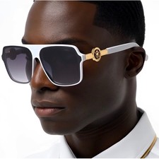 Mens White Oversized Square Sunglasses Gold Lion Head Medallion Streetwear Rap