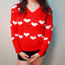 Women s Red Heart Valentine Knit Sweater Long Sleeve Fits Small Medium Large