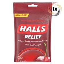 1x Bag HALLS Relief Cherry Flavor Soothing Oral Cough Drops - 30 Drops Per Bag