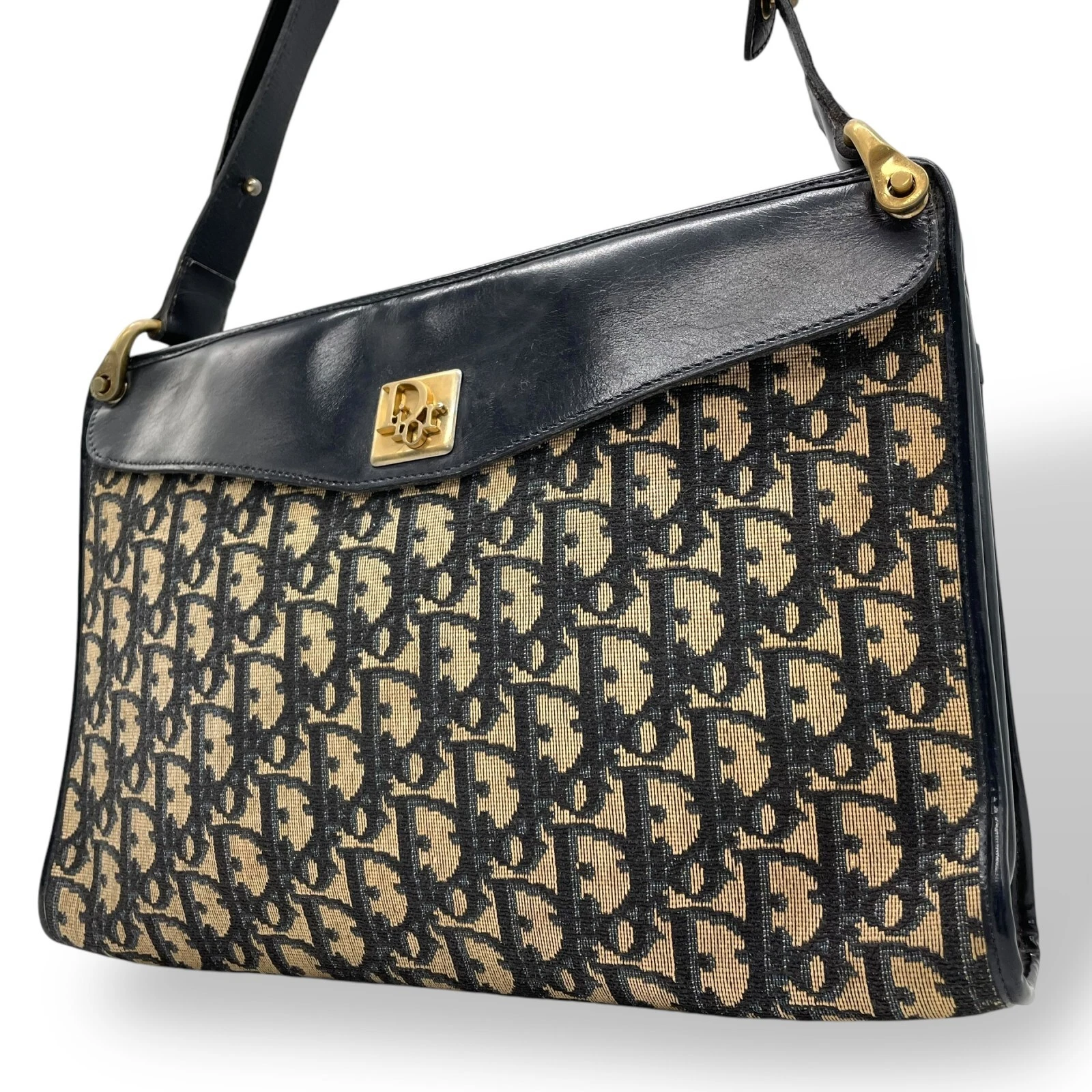 Authentique sac bandoulière trotteur DIOR toile beige marine or quincaillerie vintage