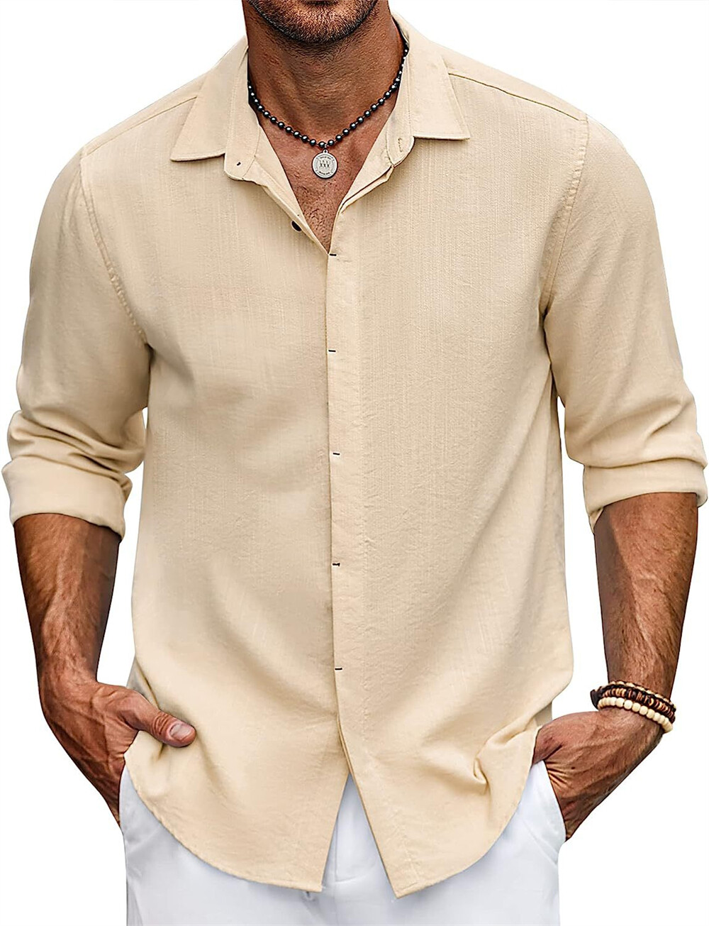 Mens Button Down Shirts Long Sleeve Spring Summer Vneck Casual Shirts