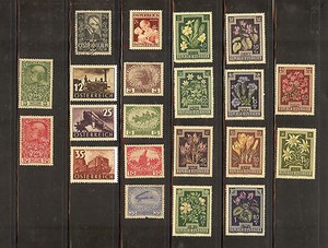 21 Austria Mixture #374 used/Inc. set of #385-#387 MNH.  Cat Val=$21.80