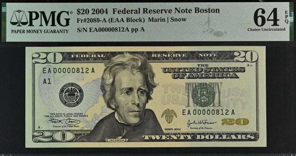 2004 $20 Boston FRN PMG 64EPQ birthday three digit low serial number 00000812 - Image 2 of 3