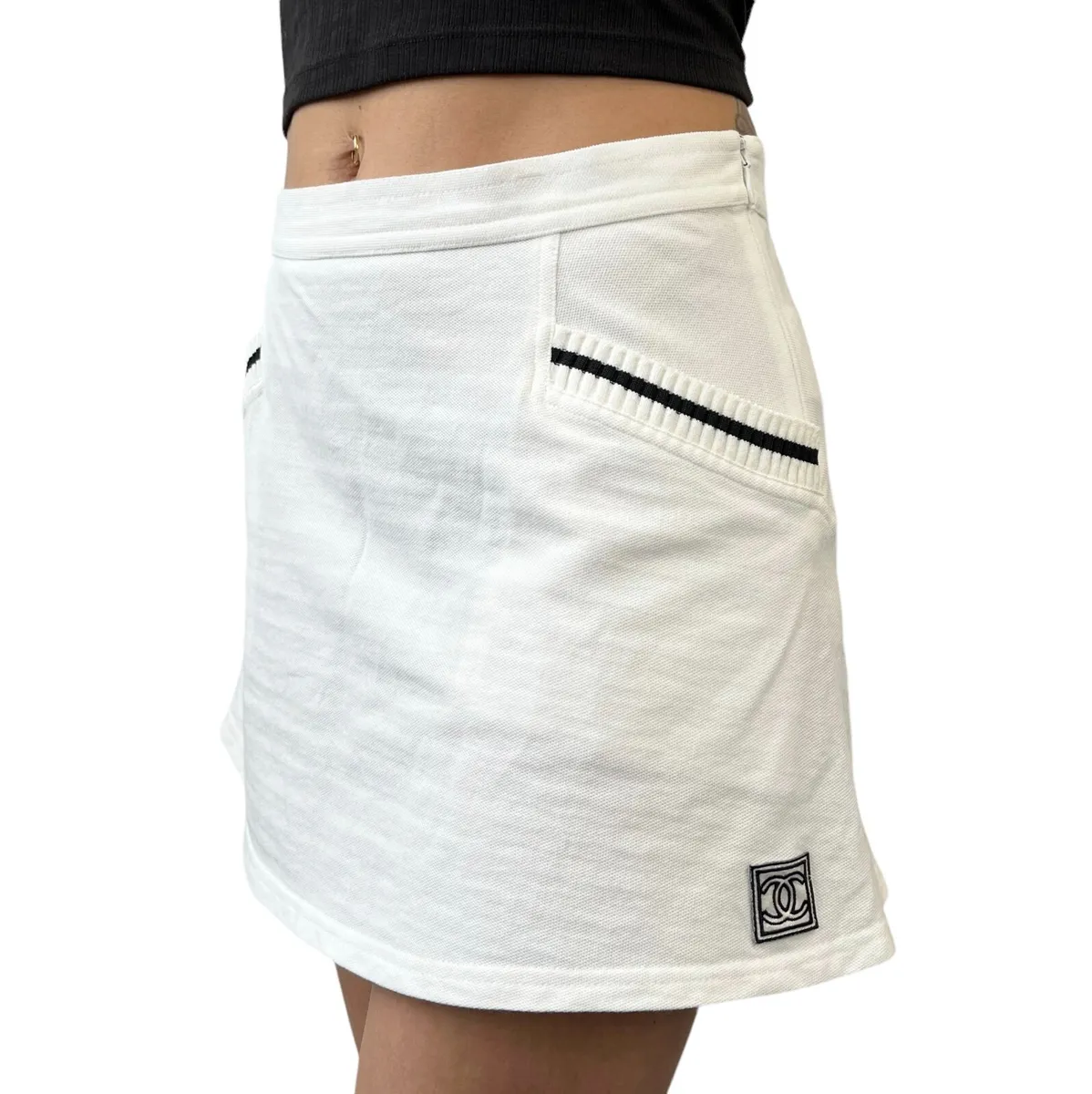 CHANEL Sport Vintage 04S Coco Mark Logo Mini Skirt #38 White Cotton Zip  RankAB