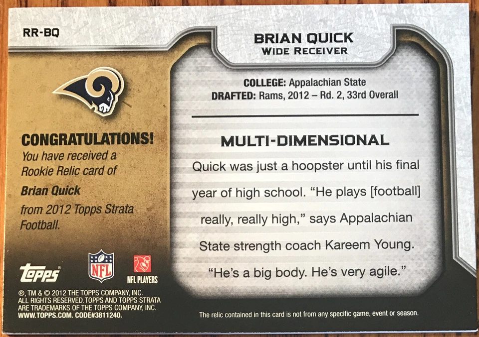 2012 Topps Strata Rookie Jerseys Brian Quick RR-BQ St.Louis Rams #’d 151/296 - Image 2 of 3