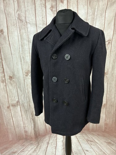 Vintage Fur Lined Peacoat Jacket Reefer Coat Charcoal Grey Blue Nautical Small - Picture 2 of 24
