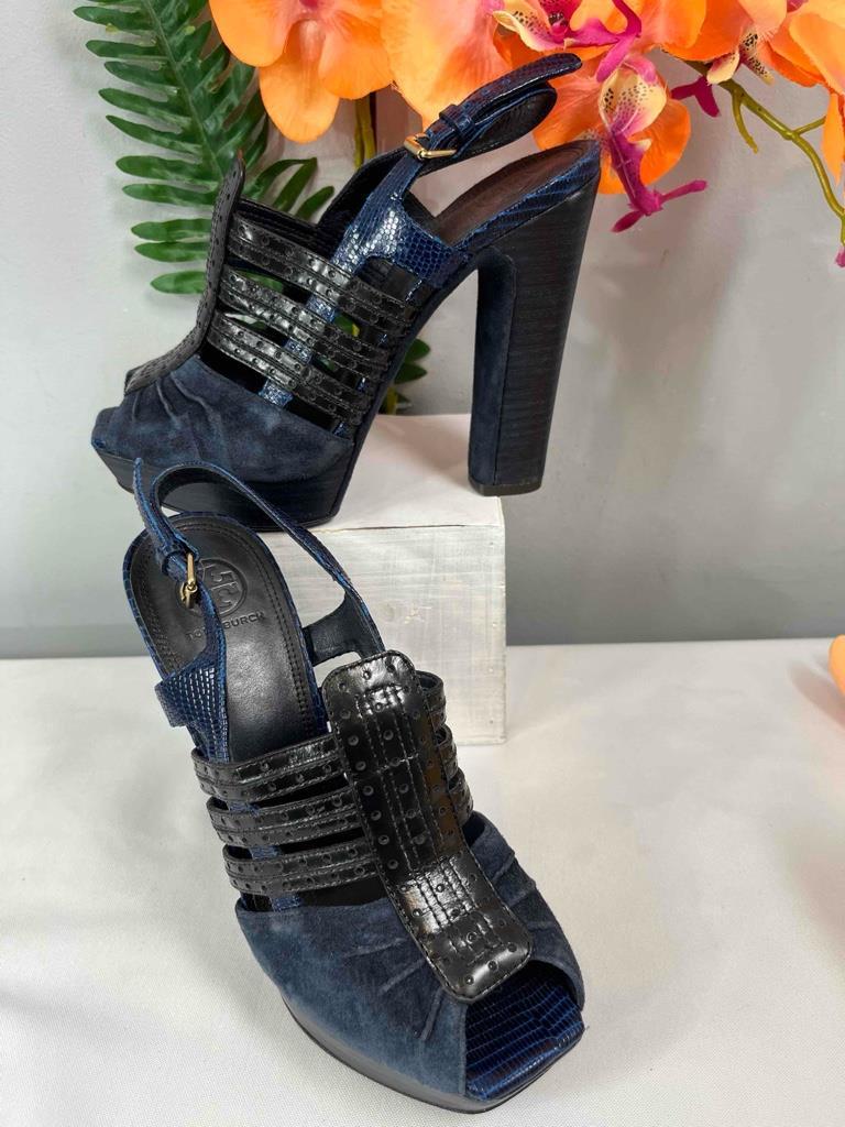 TORY BURCH Navy Blue Black Suede/ Leather Very High Heels Pumps Sz 7M