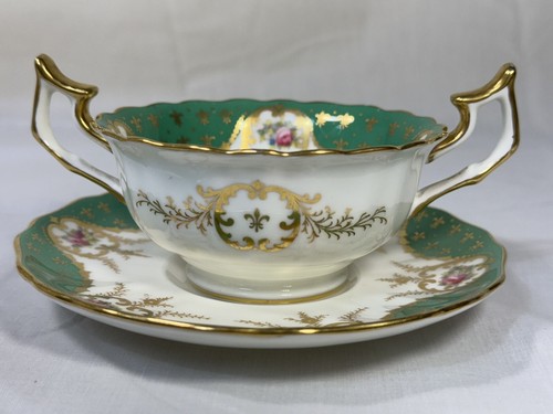 (4) Cauldon England for Henry Morgan & Co, Green & Rose Bouquet CREAM SOUP SETS - Picture 2 of 12