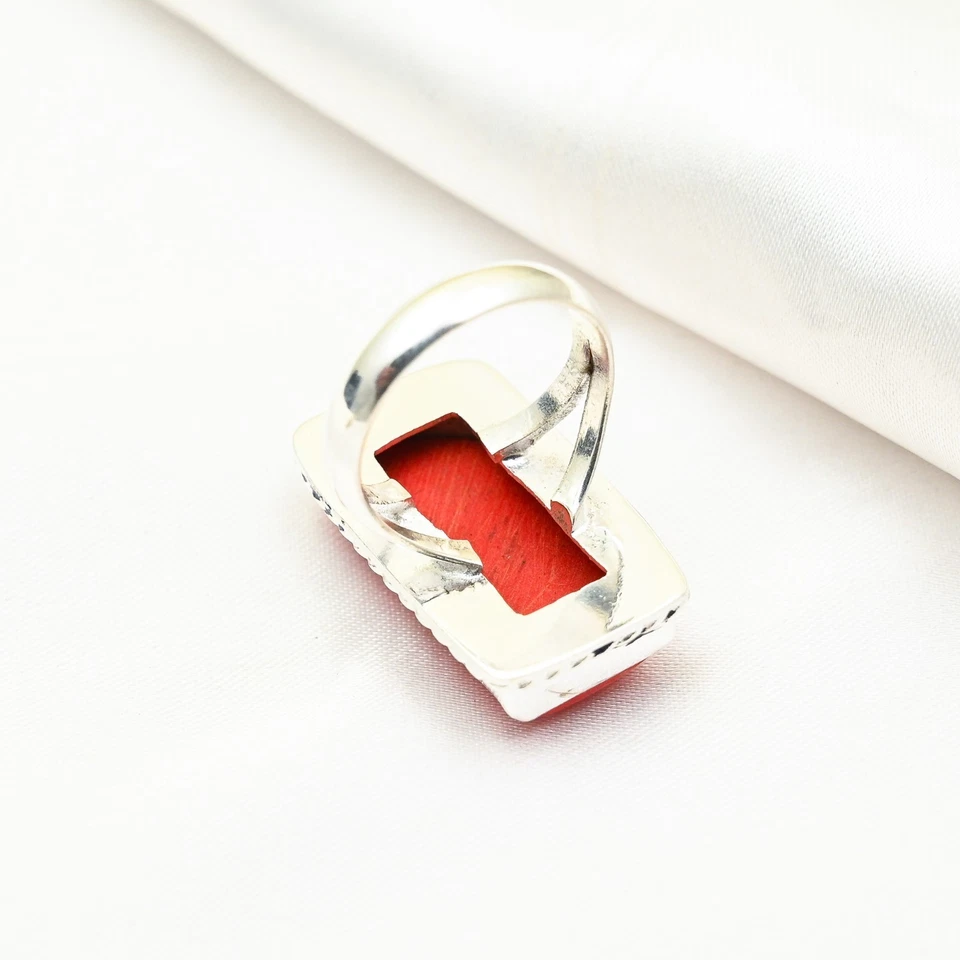 Red Coral Gemstone Handmade 925 Sterling Silver Ring Jewelry Gift For Wife - Image 4 of 4
