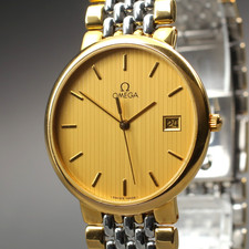 Near MINT Vintage OMEGA De Ville Cal.1438 Quartz Gold 32mm Date Men's Watch