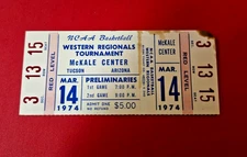 Mar 14 1974 UCLA Dayton Full Basketball Ticket. 3 OTs. Bill Walton 111-110 W.