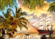 9x6ft Fabric Island Pirate Ship Seascape Palm Trees Wood Floor Backdrop
