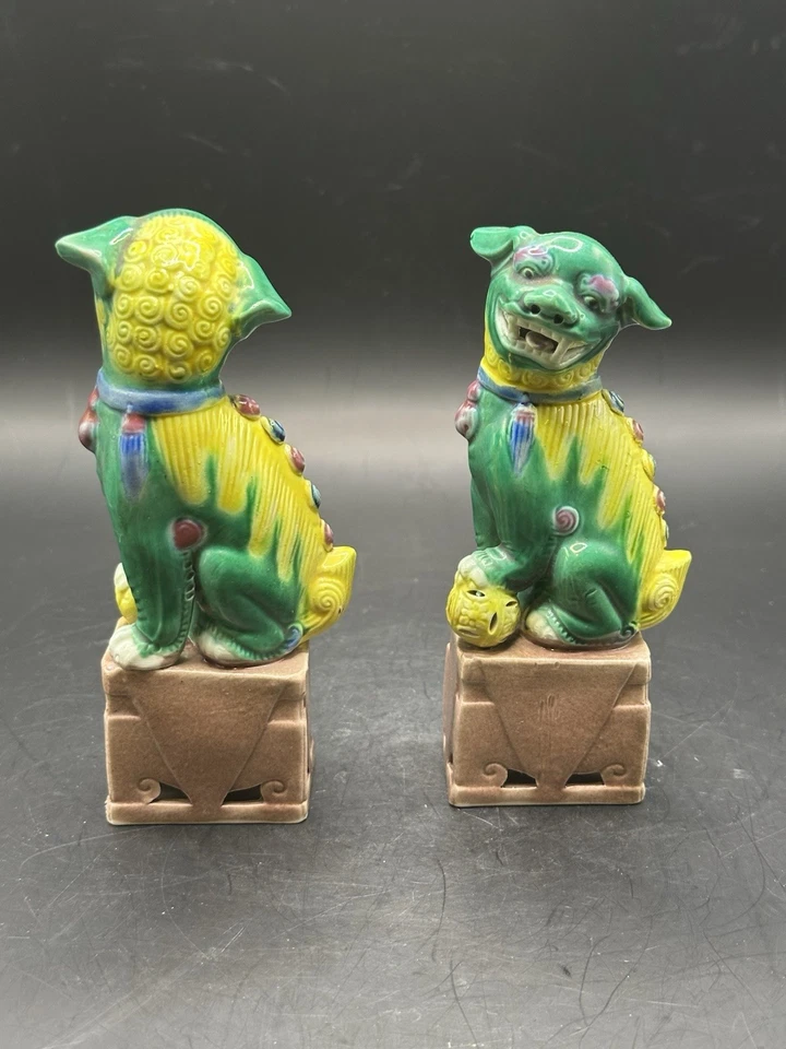 古董复古 Foo 狗雕像瓷制中国一对守护者绿色黄色 6 — 第 3/4 张图片
