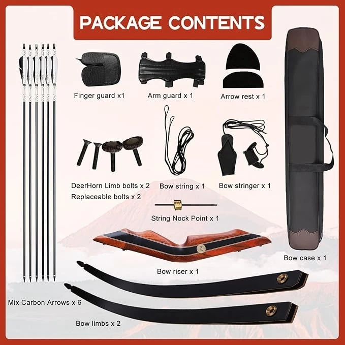 Традиционный набор длинных луков PMZ 60 дюймов рекурсивный лук для соревнований охоты 25-50 фунтов - Изображение 3 из 4