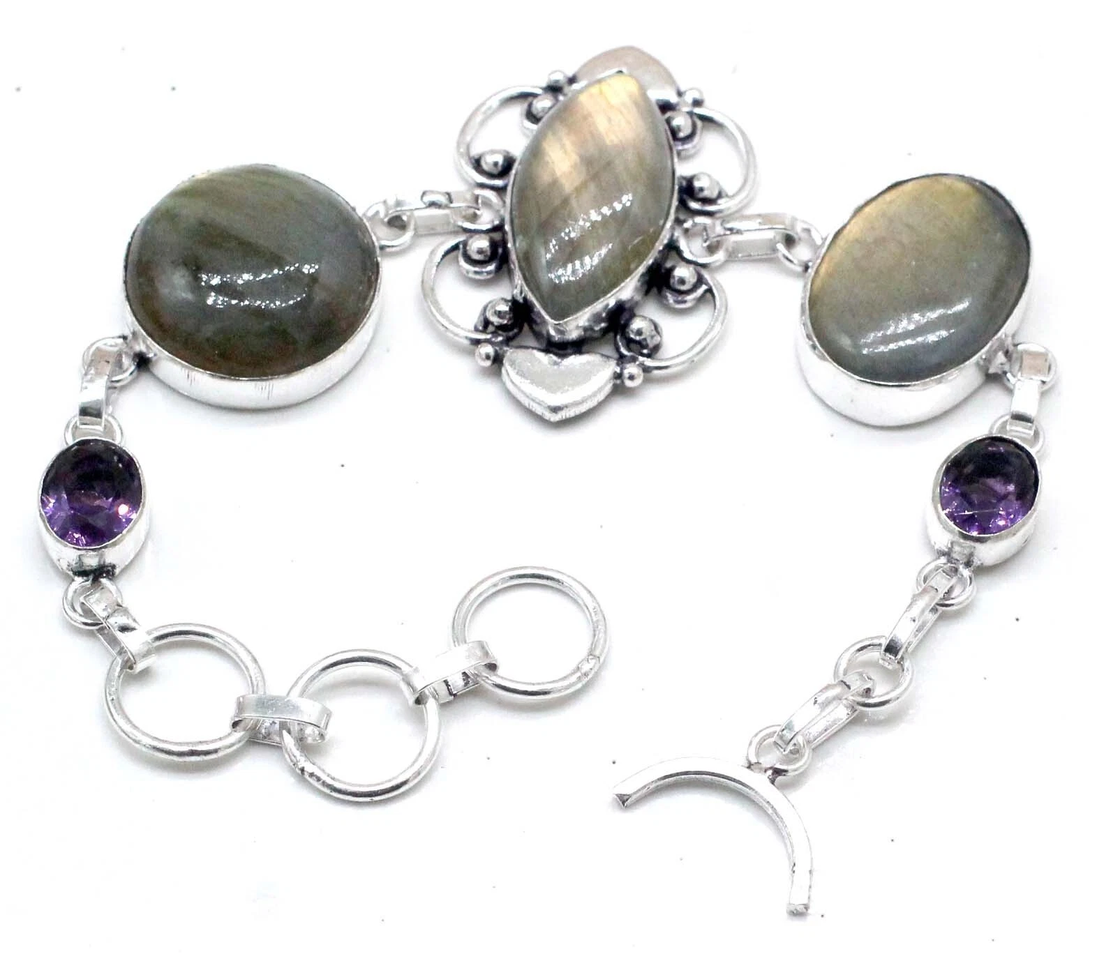 VALENTINO 925 Sterling Silver Labradorite & Amethyst Gemstone Jewellery Bracelet Size 7 8
